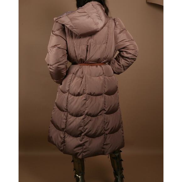 Vintage Beige Down Puffer Long Coat Jacket Quilted Leather Belt Warm Size L - Picture 4 of 12